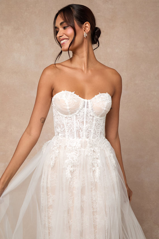 Lulus | White and Beige Lace Bustier Maxi Dress | Womens | X-Large (Available in S, M, L) | 100% Polyester Lulus | White and Beige Lace Bustier Maxi Dress | Womens | X-Large (Available in S, M, L) | 100% Polyester