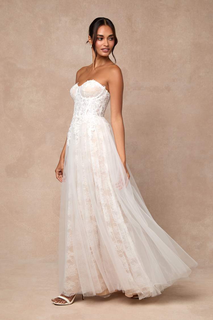 Colette White and Beige Lace Bustier Maxi Dress