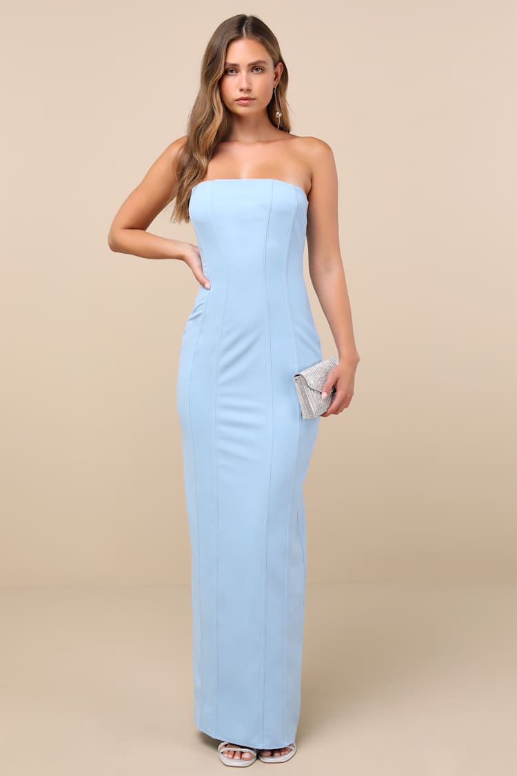blue dress for baby girl Modest A Line Strapless Long Light Sky Blue Satin Prom Dress P1432 –  PreppyDress main image 0