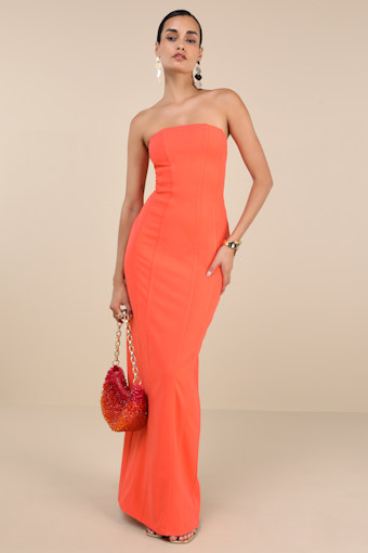 Ismene Bright Orange Seamed Strapless Maxi Dress 1