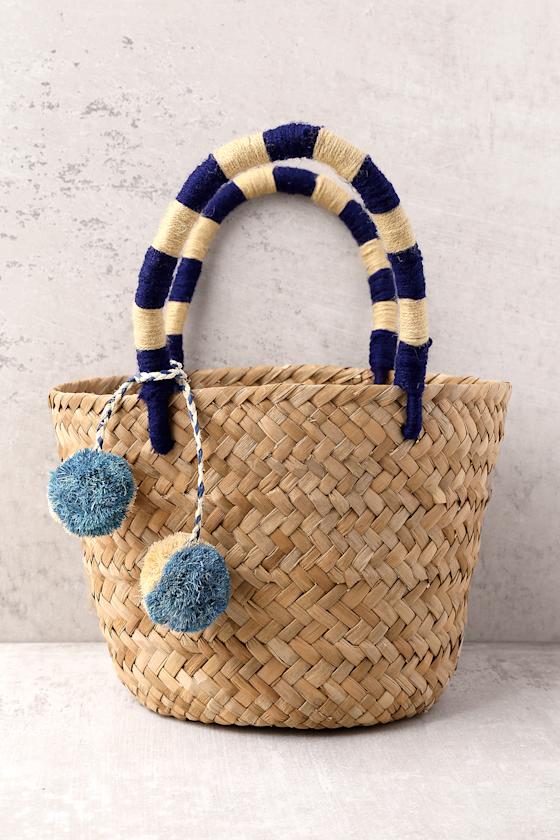 KAYU Mini St. Tropez Beige and Navy Blue Woven Basket Bag 2