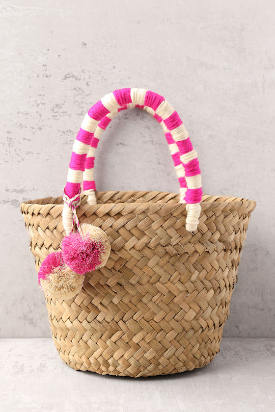 KAYU Mini St. Tropez Beige and Pink Woven Basket Bag 2