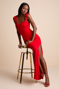 Tayla Red Sleeveless Ruched Column Maxi Dress 1