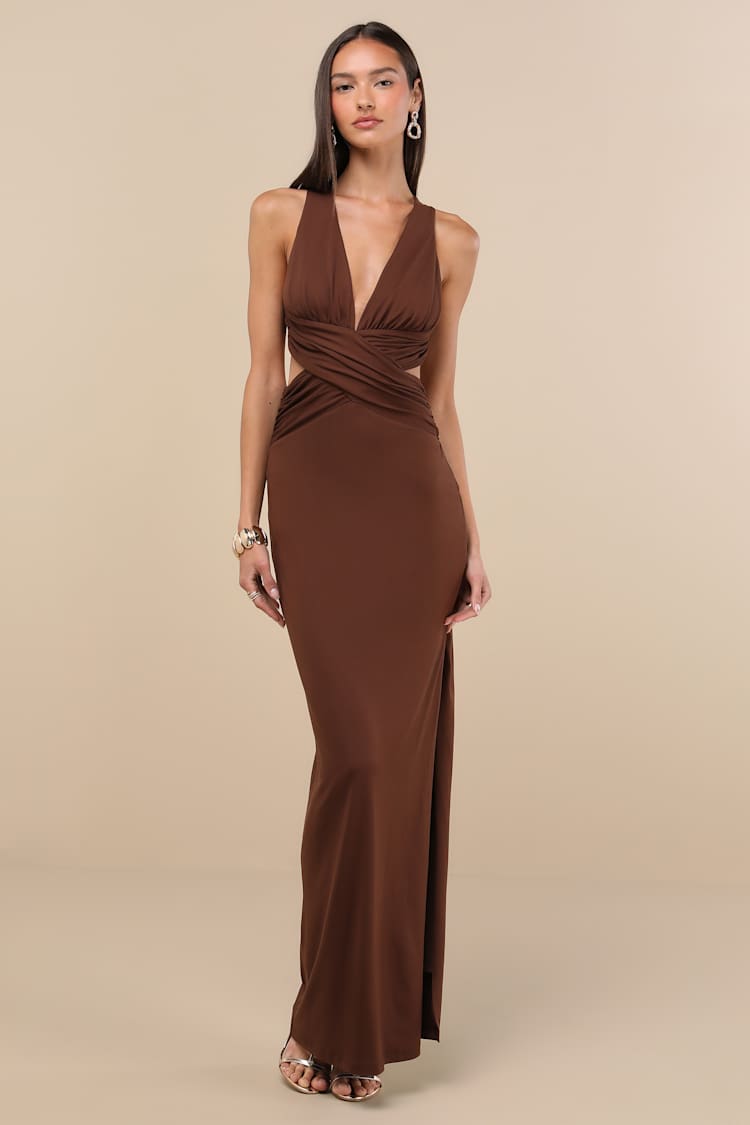 Alexandria Brown Backless Column Maxi Dress