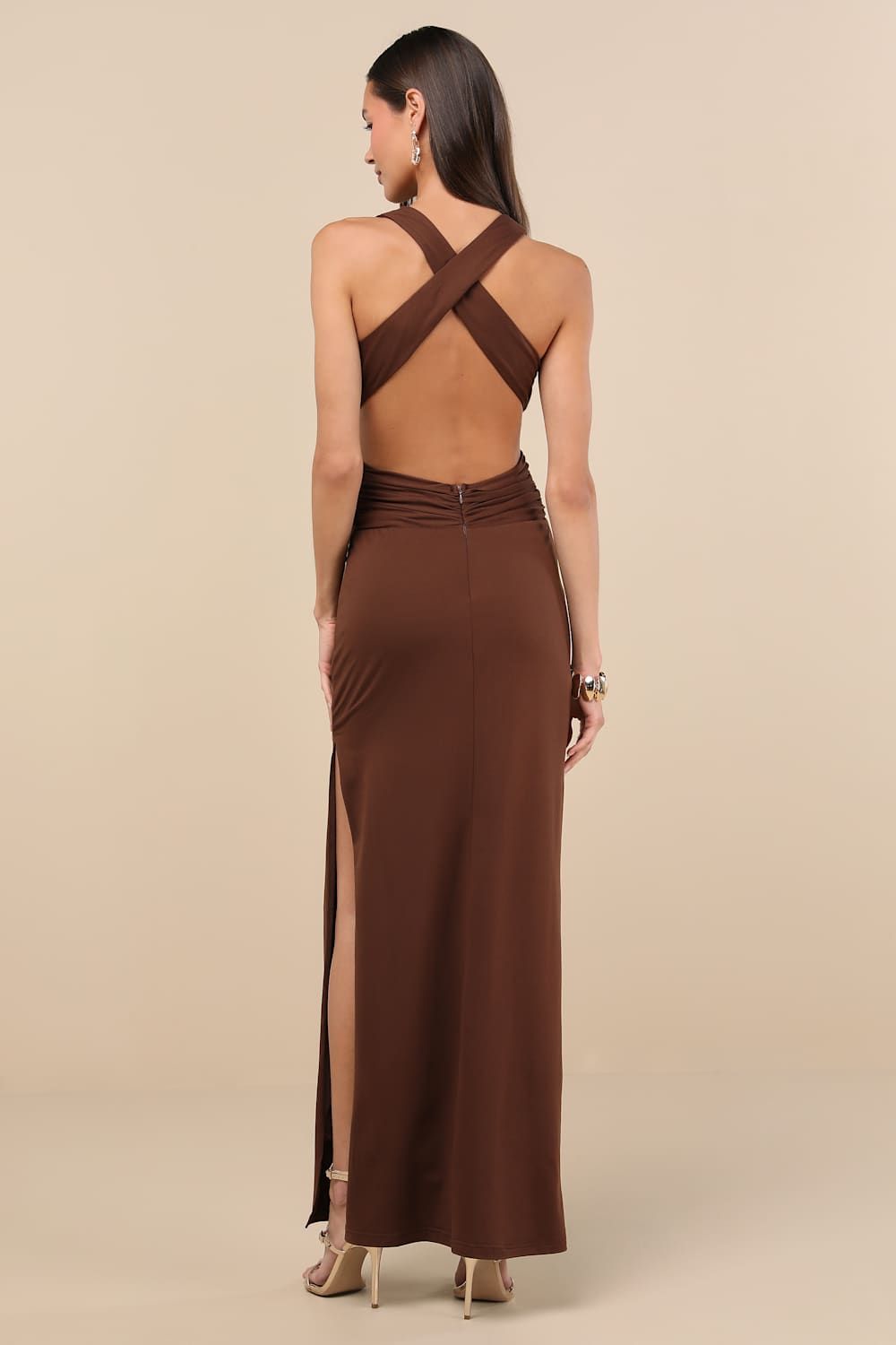 Alexandria Brown Backless Column Maxi Dress