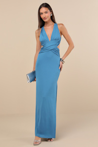 Alexandria Turquoise Backless Column Maxi Dress 1