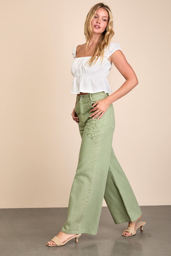 Sage Embroidery Pants - Wide-Leg Twill Pants - High-Rise