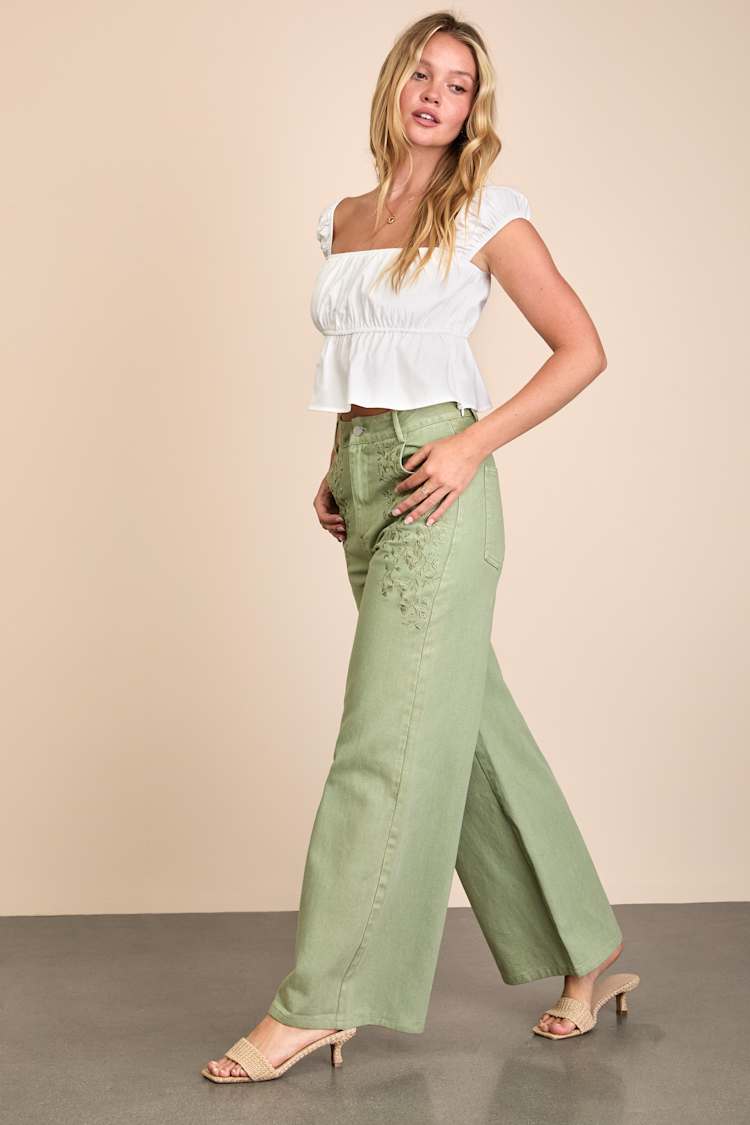 Sage Embroidery Pants - Wide-Leg Twill Pants - High-Rise Pants - Lulus