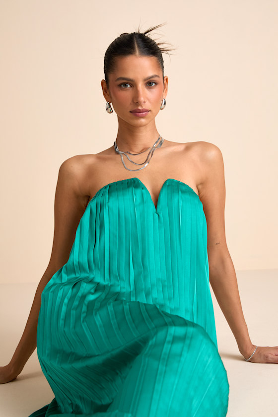 Celandine Teal Green Pleated Strapless Swing Maxi Dress 1