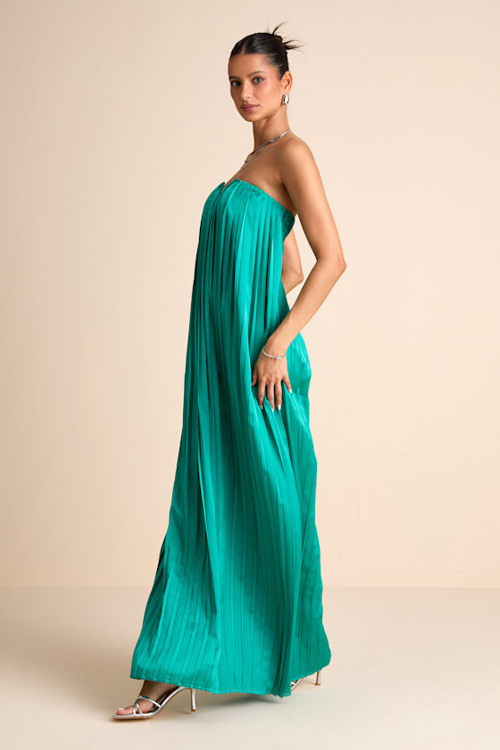 Celandine Teal Green Pleated Strapless Swing Maxi Dress 5