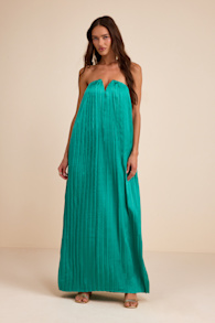Celandine Teal Green Pleated Strapless Swing Maxi Dress 1