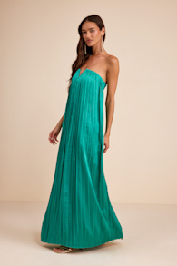 Celandine Teal Green Pleated Strapless Swing Maxi Dress 5