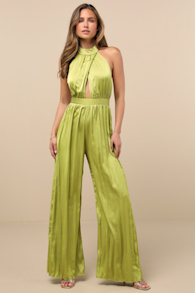 Confident Impression Lime Green Satin Pleated Halter Jumpsuit 1