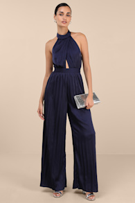 Confident Impression Navy Satin Pleated Halter Jumpsuit 2