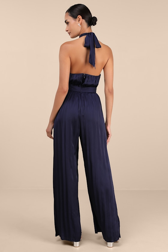 Confident Impression Navy Satin Pleated Halter Jumpsuit 4