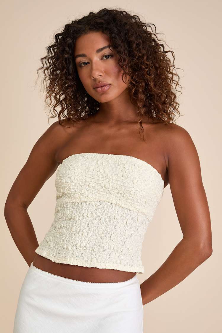 Damia Cream Jacquard Knit Strapless Crop Top