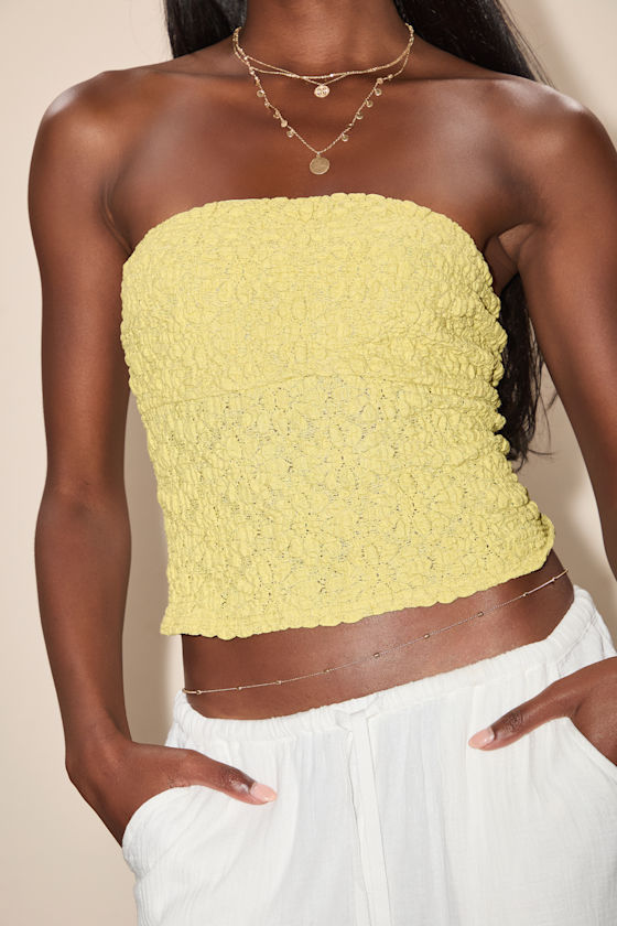 Damia Chartreuse Jacquard Knit Strapless Crop Top 1