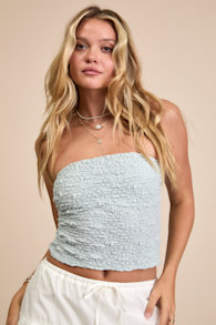 Damia Light Blue Jacquard Knit Strapless Crop Top 1