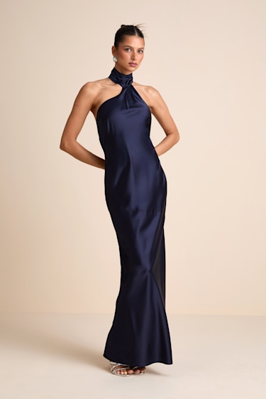 chinese dress ladies GIA | Navy Satin Cowl-Neck Maxi Dress main image 0