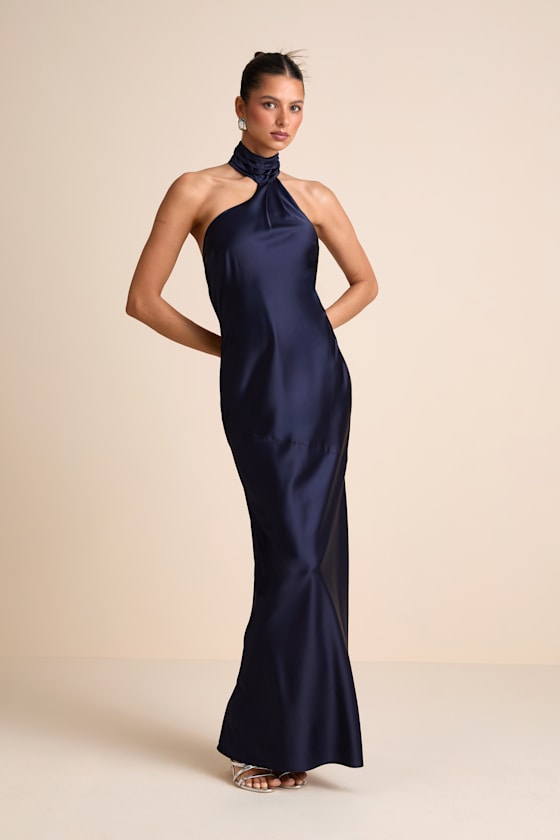 Madalena Navy Satin Cowl Back Maxi Dress 2