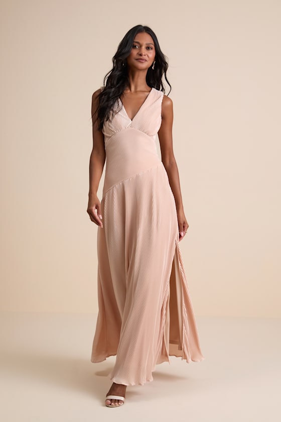 Image of Renee Blush Satin Plisse V-Neck Maxi Dress