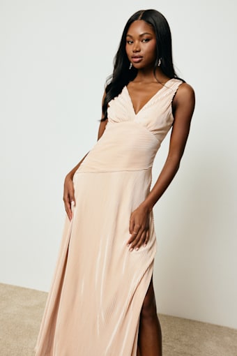 Renee Blush Satin Plisse V-Neck Maxi Dress 1