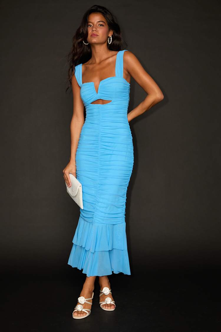 Aelara Turquoise Mesh Ruched Trumpet Midi Dress