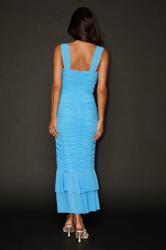 Aelara Turquoise Mesh Ruched Trumpet Midi Dress - thumbnail 5