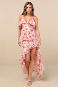 Tameron Pink Floral Ruffled High-Low Maxi Dress 1