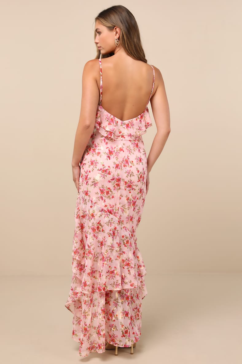 Tameron Pink Floral Ruffled High-Low Maxi Dress