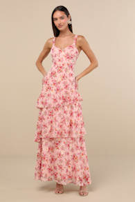Laurette Pink Floral Tiered Sleeveless Maxi Dress 1