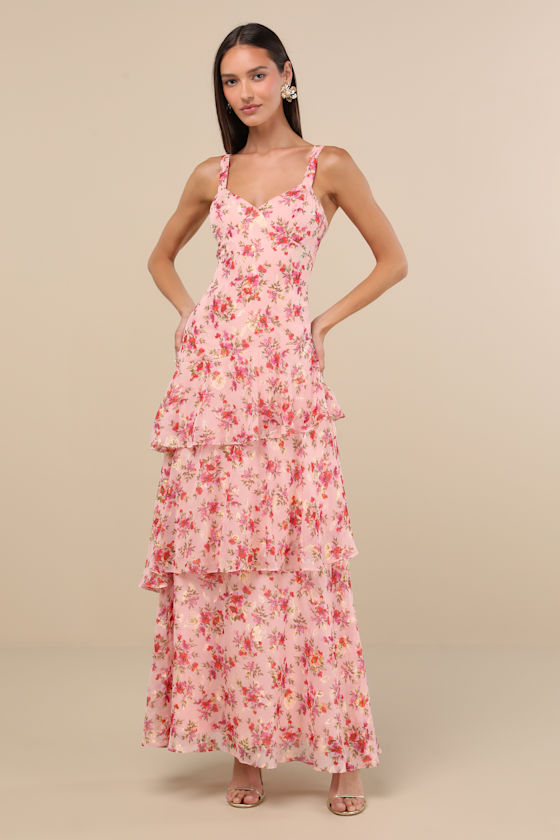 Laurette Pink Floral Tiered Sleeveless Maxi Dress 1