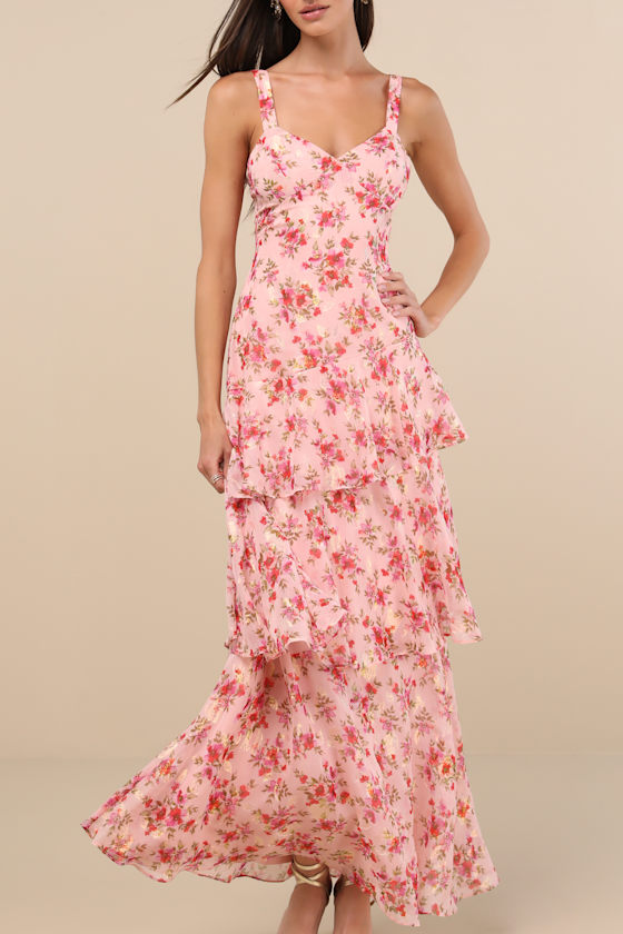 Pink Floral Dress - Tiered Maxi Dress - Sleeveless Maxi
