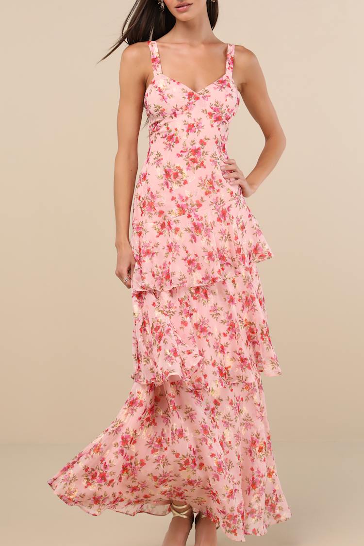 Laurette Pink Floral Tiered Sleeveless Maxi Dress