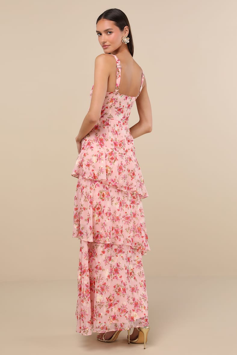Laurette Pink Floral Tiered Sleeveless Maxi Dress