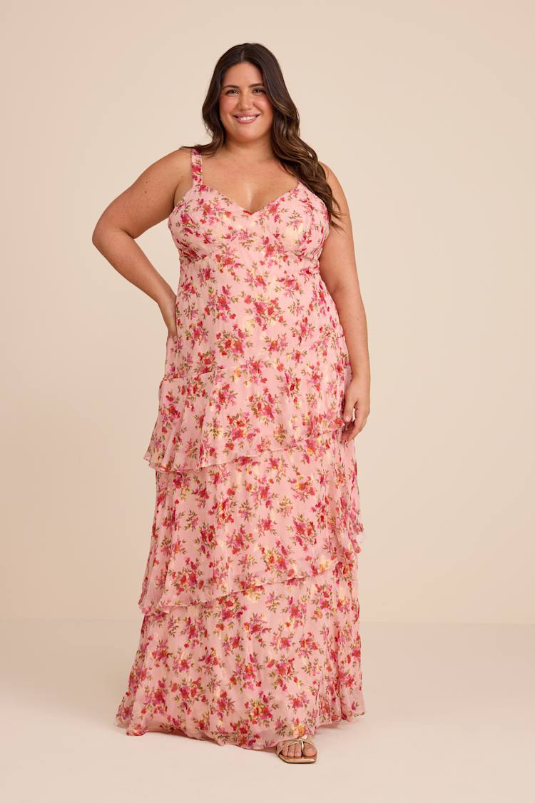 Pink Floral Tiered Sleeveless Maxi Dress | Womens | Medium (Available in XXS, XS, S, Xl) | 100% Polyester | Lulus