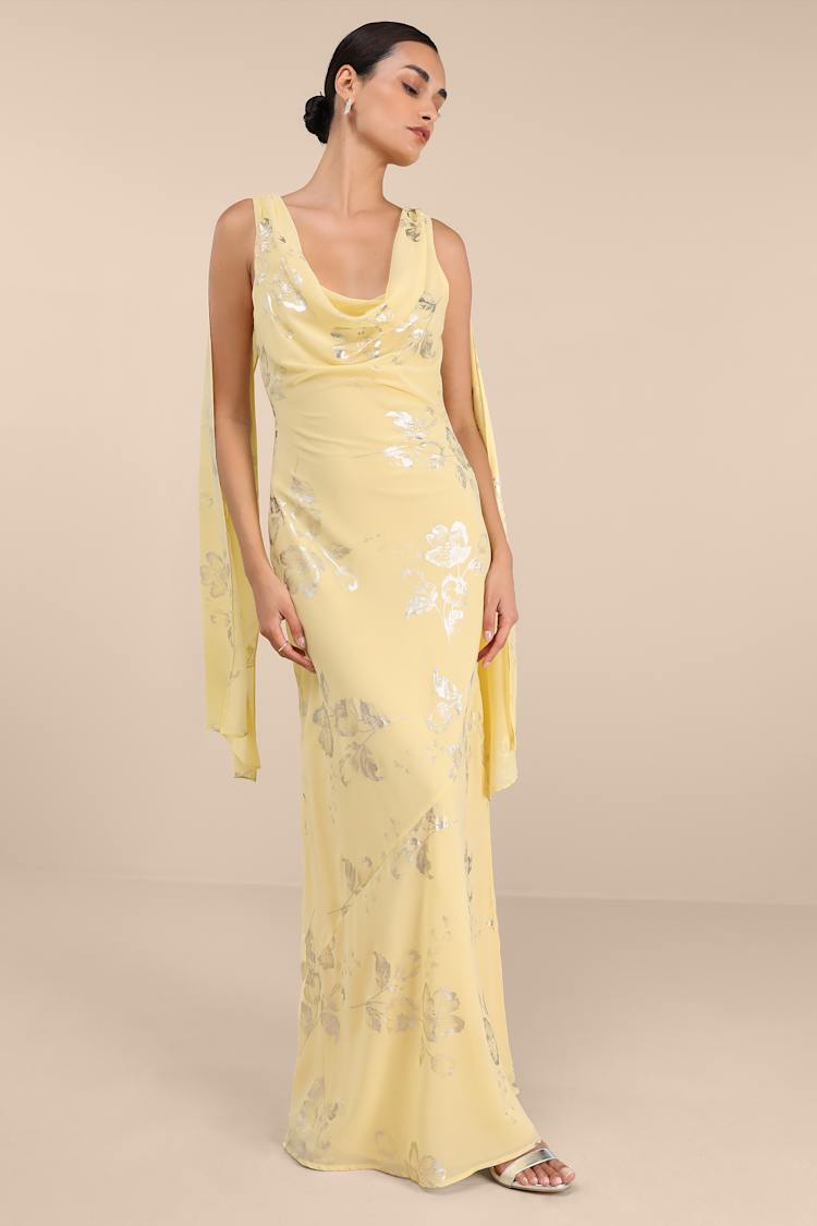Sidonia Yellow and Gold Floral Cowl Sash Maxi Dress