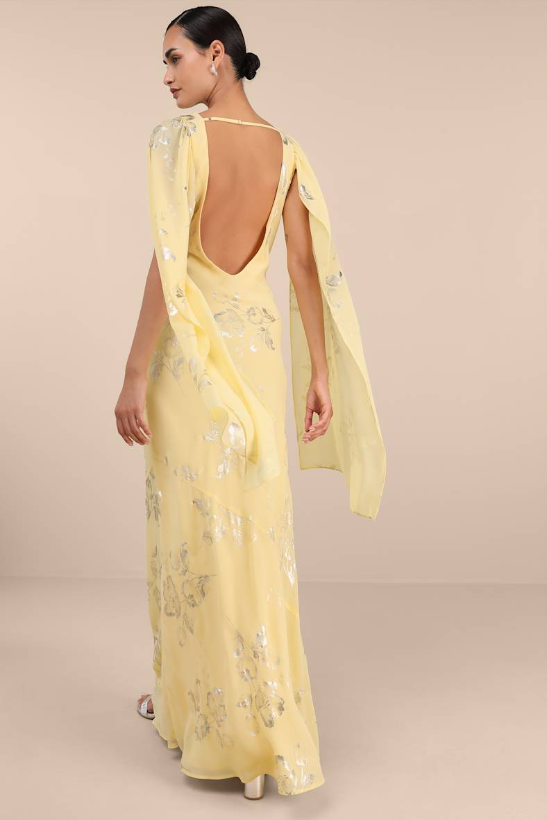 Sidonia Yellow and Gold Floral Cowl Sash Maxi Dress