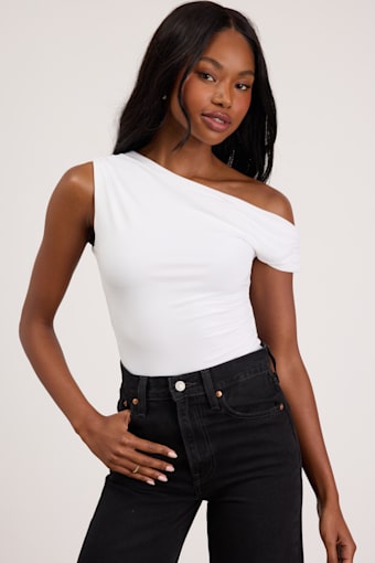 Lulah Ivory Slinky Knit Asymmetrical Bodysuit 1