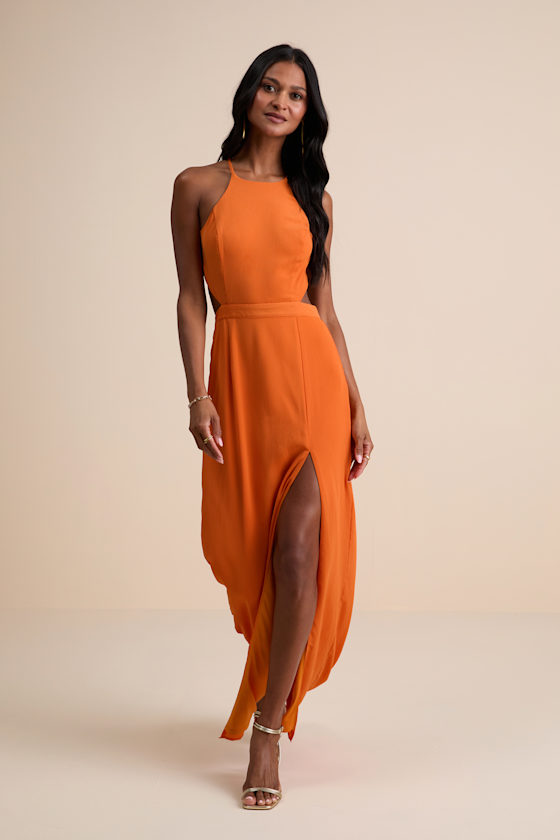 Nettie Orange Halter Backless Maxi Dress 1
