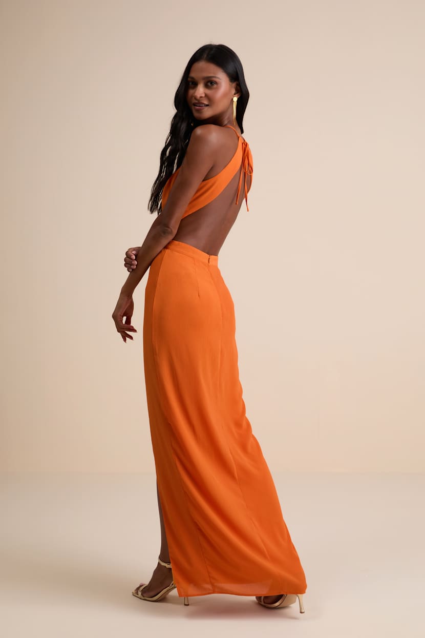 open lace back dress Jelani Layered Mesh High-Slit Drape Maxi Dress