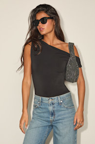 Lulah Black Slinky Knit Asymmetrical Bodysuit 1