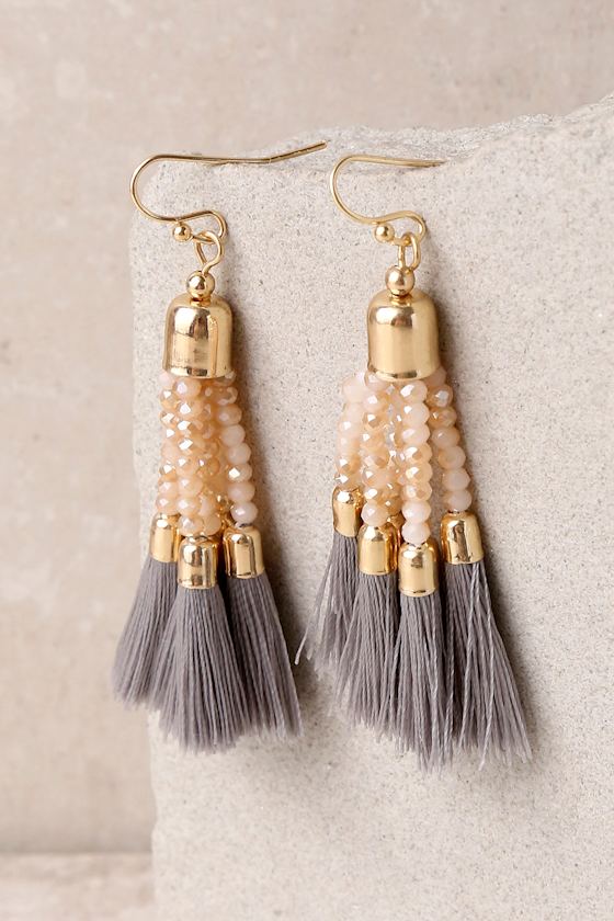 Stylista Gold and Grey Beaded Tassel Earrings 2