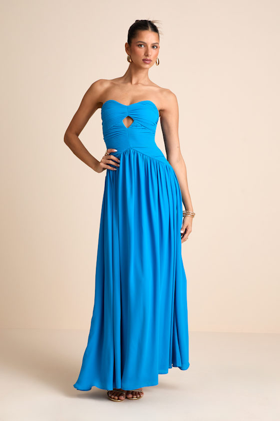 Rozala Bright Blue Pleated Strapless Maxi Dress - thumbnail 4