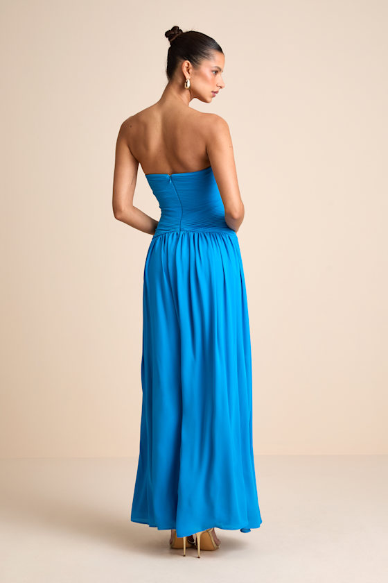 Rozala Bright Blue Pleated Strapless Maxi Dress - thumbnail 6