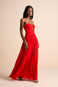Rozala Bright Red Pleated Strapless Maxi Dress 1