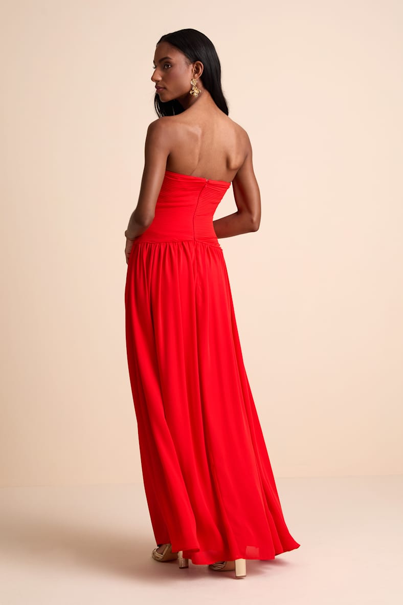 Rozala Bright Red Pleated Strapless Maxi Dress