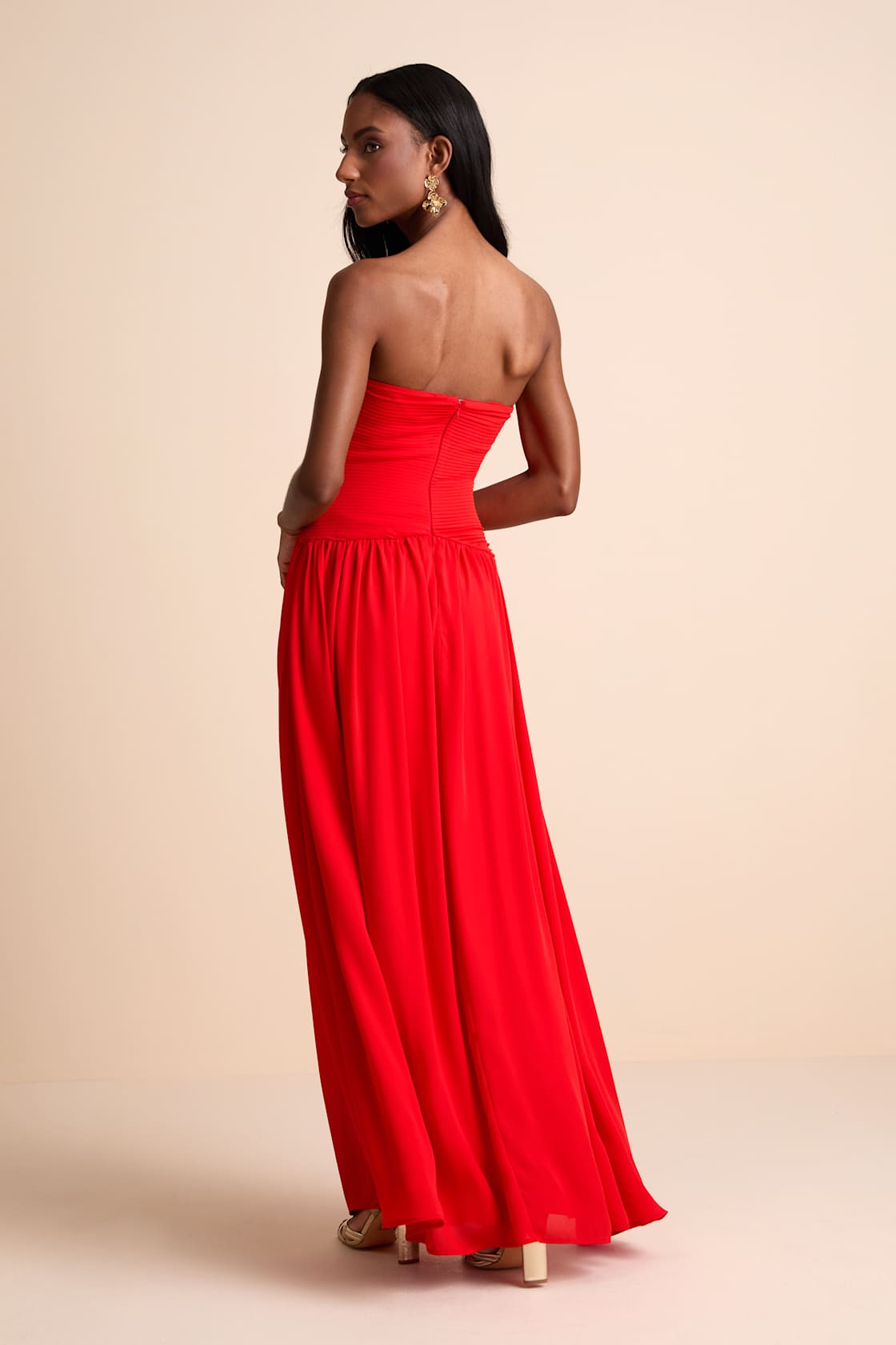 Rozala Bright Red Pleated Strapless Maxi Dress