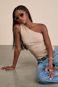 Stellara Heathered Light Brown Ribbed One-Shoulder Top 1