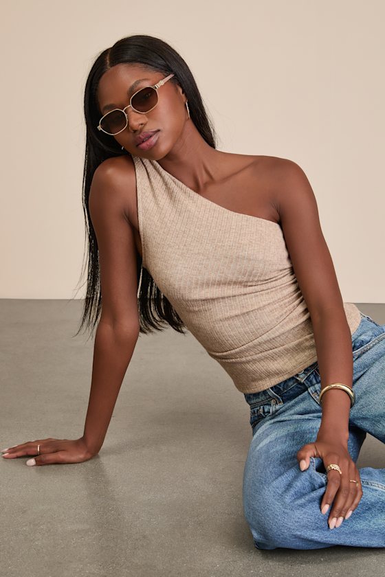 Stellara Heathered Light Brown Ribbed One-Shoulder Top 1